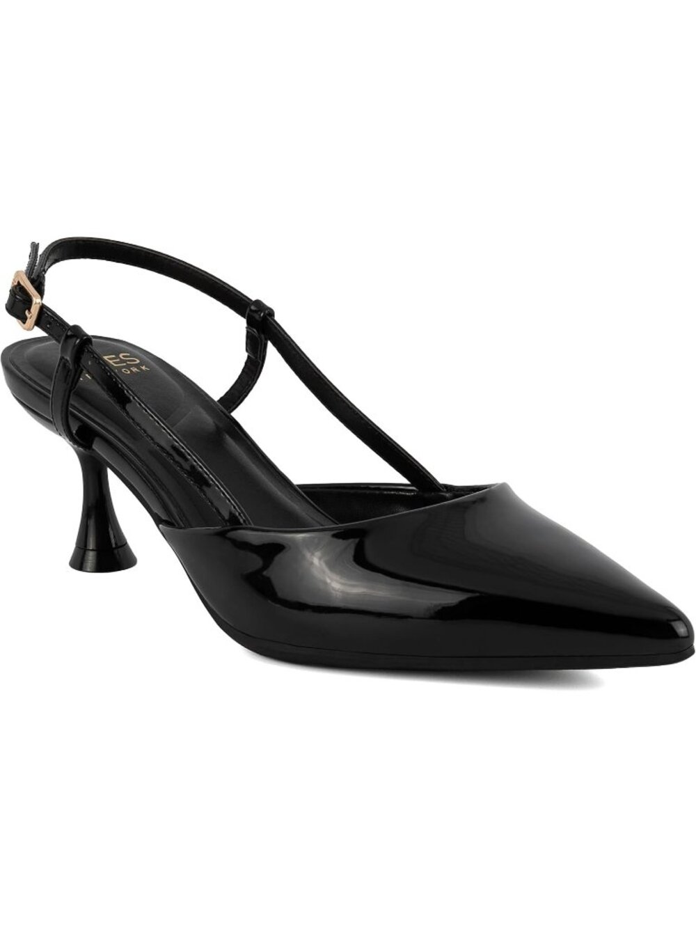 Women's Black Smooth Patent Pointed Toe Slingback Comfortable Low Kitten Heels